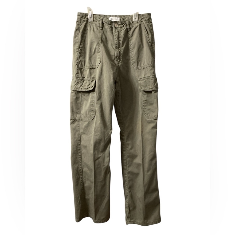 Zara Women's Khaki Combat Cargo Trousers Pants Cotton Size 6 Pockets Army Green